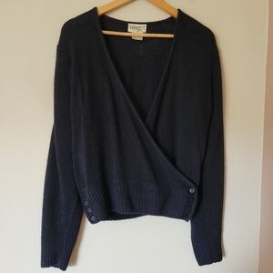 Vintage 80s Women's Black Silk Angora Blend Knit Wrap Sweater Puff Sleeve Size L